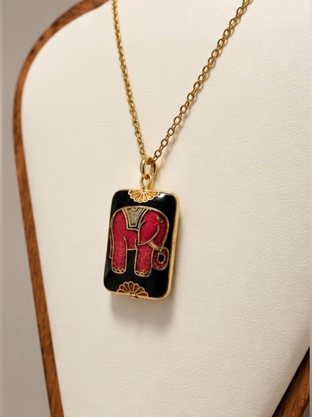 Cloisonné Elephant Pendant Necklace Gold Tone Black Pink Enamel